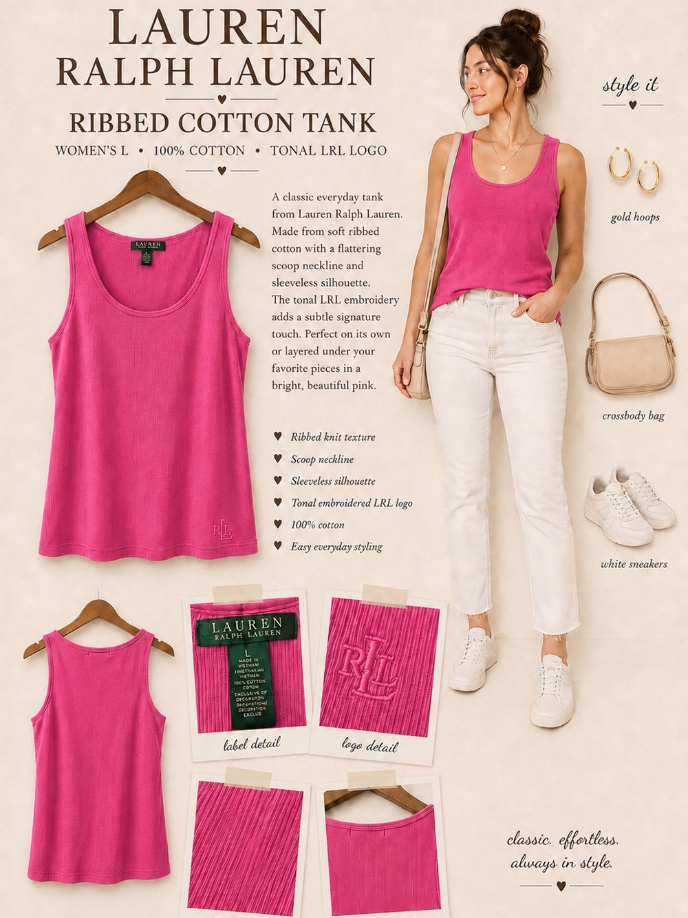 Lauren Ralph Lauren Pink Ribbed Tank Top L Embroidered LRL Logo Y2K Cotton